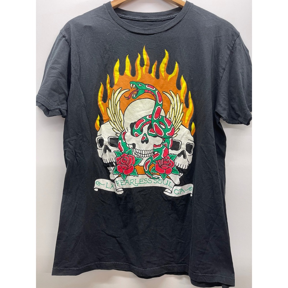 Eighty Eight Brand Mens Skull Snake Flame Graphic T-Shirt Black Large Fearless